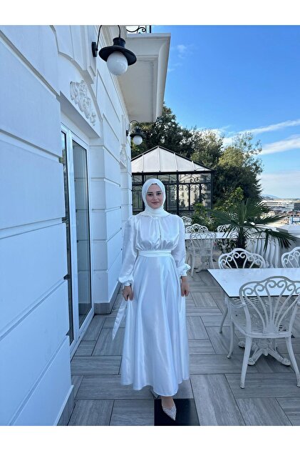 KADNER Lia White Gathered Front Chanel Satin Fabric Luxury Hijab Evening  Dress- Trendyol