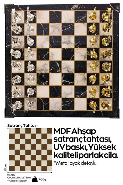 Cooper Chess Metal Satranç Takımı | 25cm Mermer Desenli Satranç