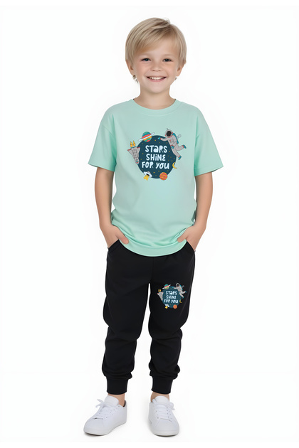 Astronaut Stars Printed Boy's Short Sleeve Bottom-Top Suit