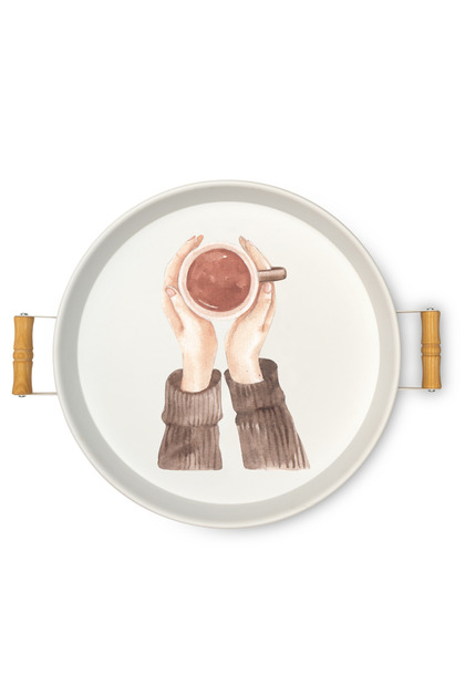 37 cm Printed Wooden Handle Metal Tray Tea Tray Coffee Tray Presentation Tray