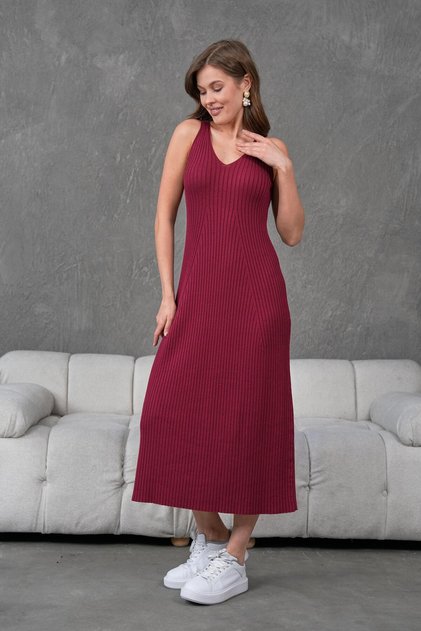 Women's Burgundy V Neck Sleeveless Knitwear Dress 171610