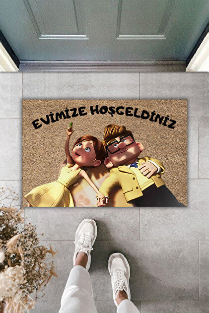 Cute Couple Printed Floor Mat - Modern Digital Design, Door Front Humor - Coffee Background