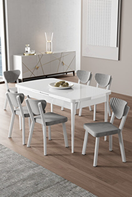 Canisa Exve Serisi 80x132 Açılabilir Beyaz Masa Takımı ve 6