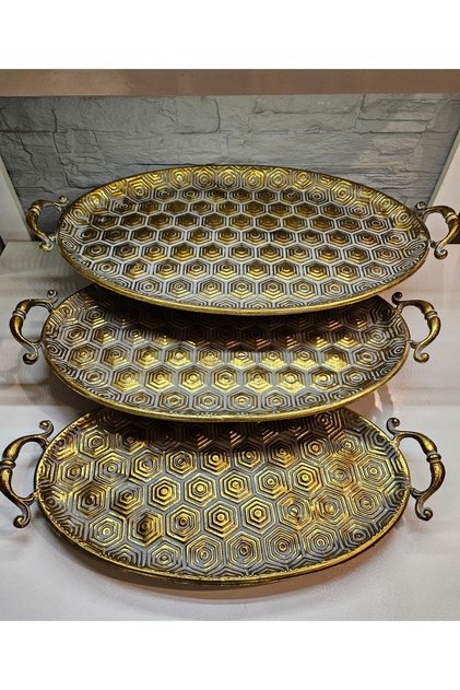 LUXURY VINTAGE GOLD METAL BOAT TRAY 3 PIECES LÜKS VİNTAGE ALTIN METAL KAYIK TEPSİ 3 ADET