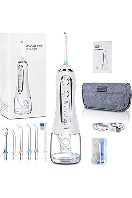 Cordless Water Flosser, 5 Modes, 6 Tips, 300ML Tank, Rechargeable Oral Irrigator (White-H6)
