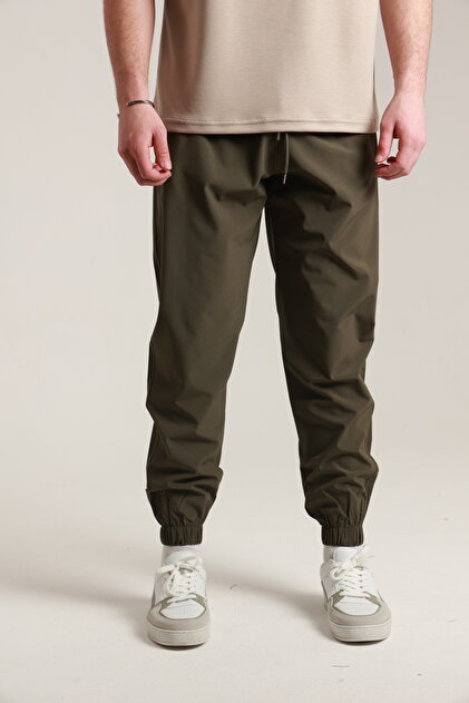 Men's Khaki Elastic Cuffed Zippered Parachute Pants with Back Pockets