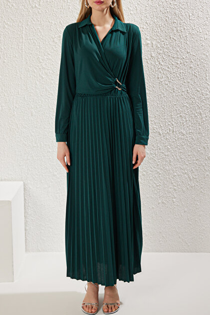 green emerald velvet dress A-Line Flowy Long Sleeve Tie V Neck Pleated Midi Dress, Black / Xs main image 0