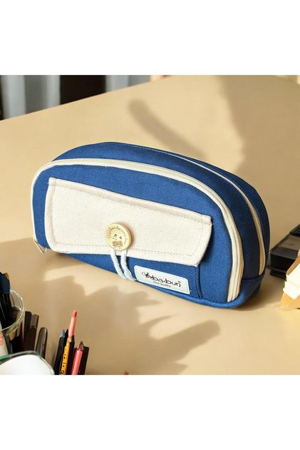 Efes Two-Color Large Wide Canvas Cloth Fabric Pencil Case Vintage Button Pen Holder Makeup Purse