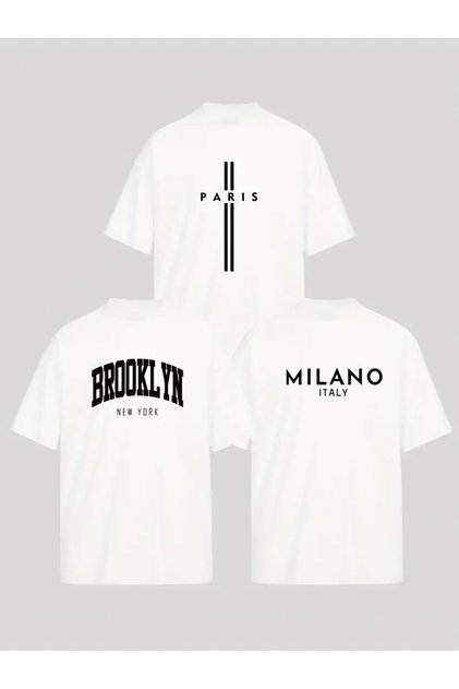 Unisex White Set of 3 White No.2 Printed Oversize T-Shirt