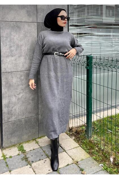 - Ribbed Knitwear Dress Smoked