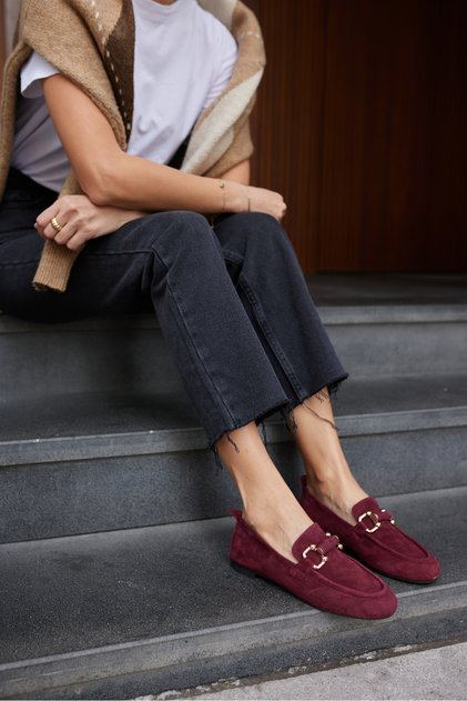 Picoli Women's Claret Red Real Suede Buckle Loafer Shoes