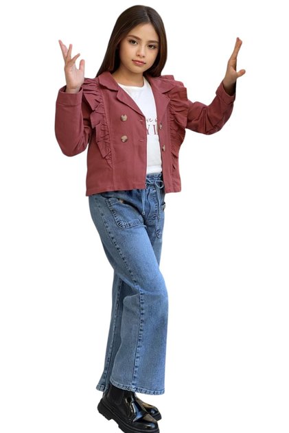 Girl's Style Written Jacket Ruffle Detailed Brick Color Jacket T-Shirt Jeans Pants Set