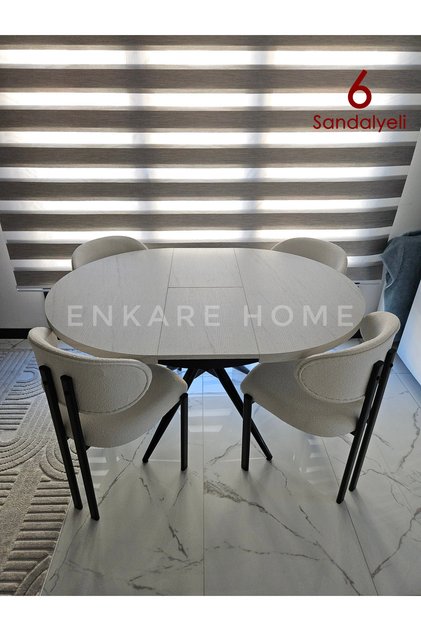 Oliva Masa Badem Sandalye Takımı - Açılabilir Yuvarlak Mdf Masa + 6 Sandalye | Mutfak 100x100