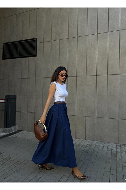 minaaise Navy Blue Poplin Elastic Waist Long Skirt 27321- Trendyol