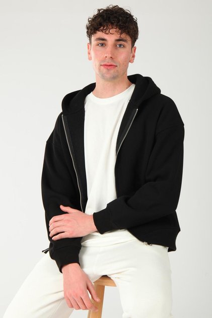 Basic Erkek Oversize Fit Kapüşonlu ve Fermuarlı Üst