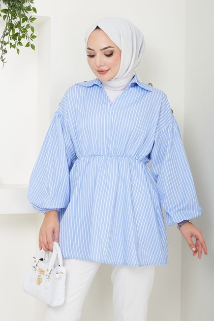 Women's Baby Blue White Striped Satin Hijab Shirt with Elastic Waist