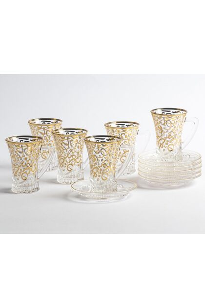 6 Pieces Borosilicate Glass Tea Cups and Saucers Set 80 ml with Gold Arabic Letters With Modern Design