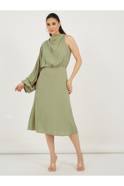 One Sleeve Sheath Midi Dress with Back Tie Up Detail