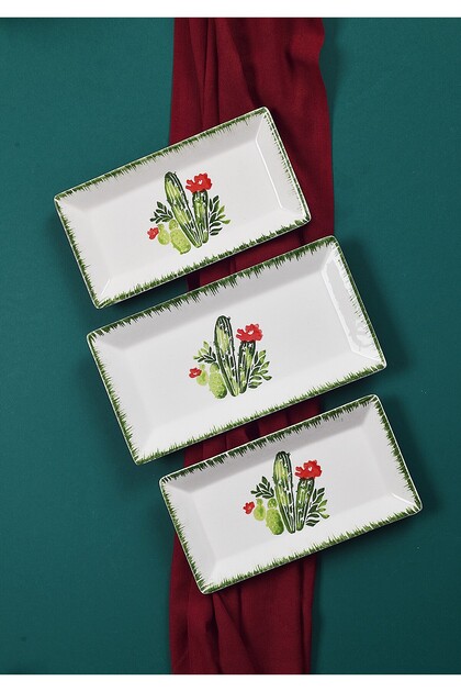 3-Piece Cactus Pattern Handmade Ceramic Breakfast Salad Presentation Snack Bowl Set Kayak Plate Set