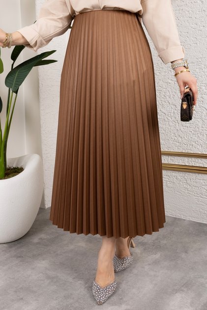 Women's Hijab Clothing and Leather Look Pleated Long Skirt with Elastic Waist Detail