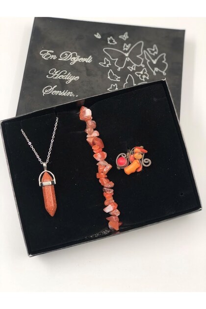 Gift for Lover Natural Stone Necklace Bracelet Ring Set February 14 Valentine's Day Gift Aventurine Stone