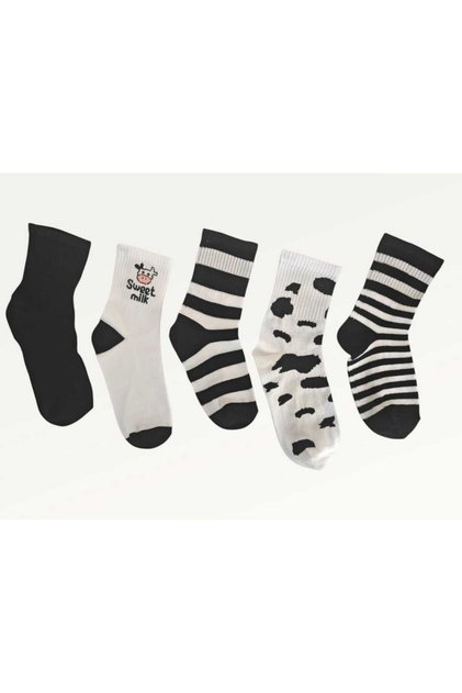 5 Pairs Black and White Cute Cow Pattern Striped Unisex Girls Boys Children's Seasonal Tennis Socks