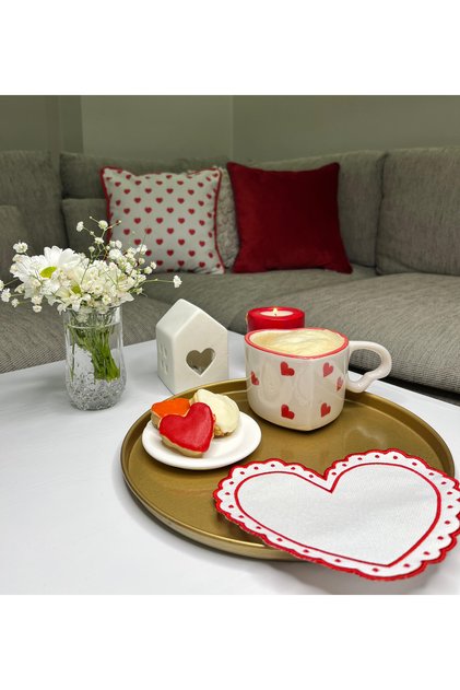 Heart Shaped Embroidered Romantic Red Cocktail Napkin 1 Piece 15 X 15 Multicolored Fabric Tr