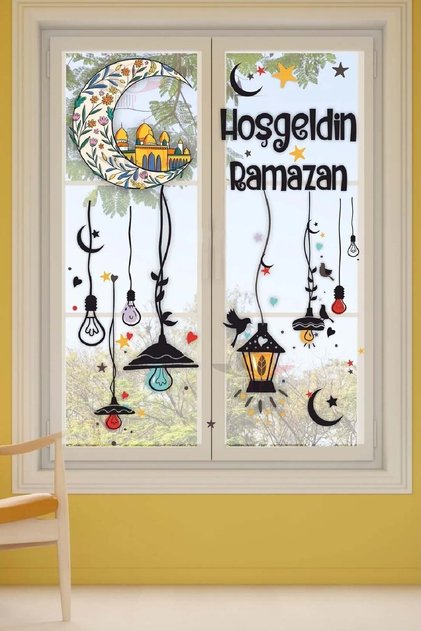 Welcome Ramadan Colorful Lantern Pendant Lamp Glass Wall Sticker Set