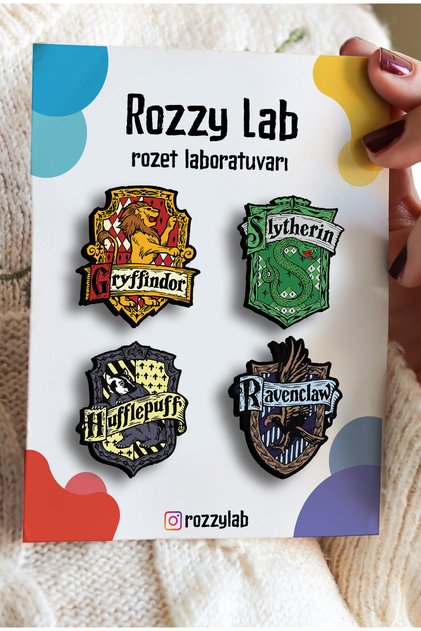 Hogwarts 4lü Rozet Set - Gryffindor Slytherin Hufflepuff Ravenclaw - Broş - Yaka Çanta Aksesuar