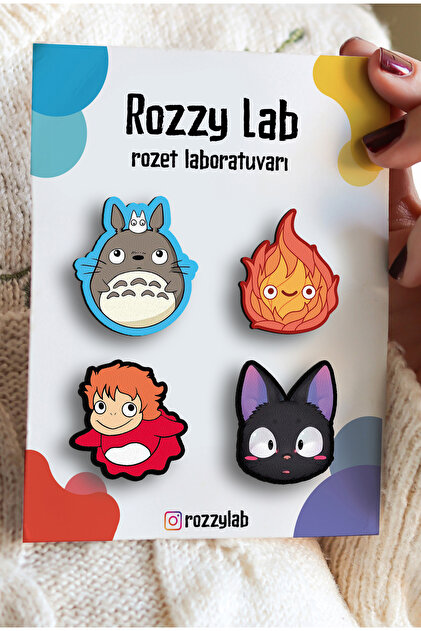 Totoro Ghibli 4lü Rozet Set - Totoro Calcifer Ponyo Jiji - Broş - Yaka Çanta Aksesuar