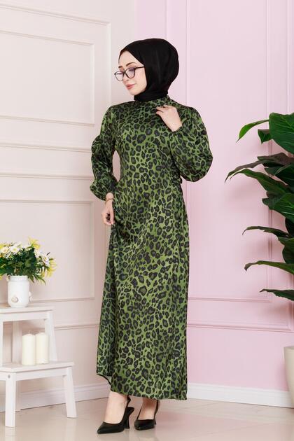 Rochie de seară cu model leopard și șireturi laterale - Verde