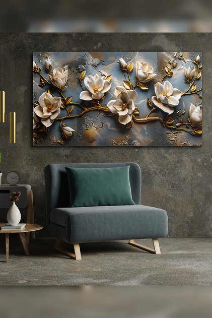 Gold Detaylı Krem Çiçekler Tek Parça Kanvas - Canvas Tablo