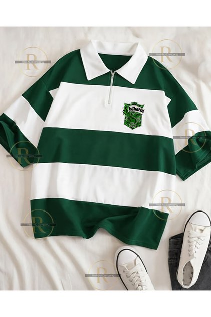 Men's and Women's Half-Zip Polo Collar Oversize T-Shirt - Harry Potter Houses Design