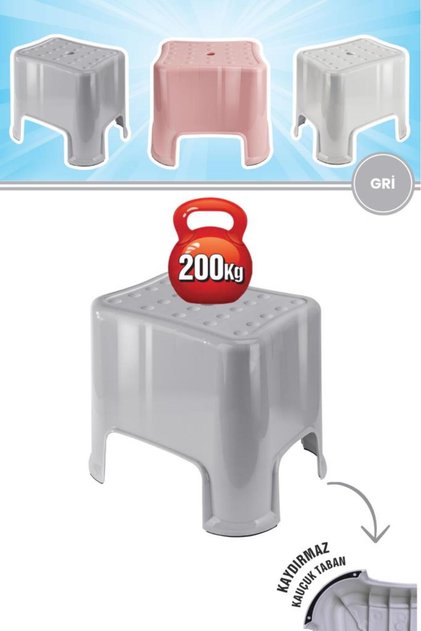 Herkül Banyo Taburesi, Kaydırmaz Kauçuk Tabanlı 200 Kg Taşıma Kapasiteli Lüks Tabure GRİ