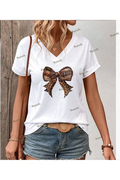 Women's Black and White V-Neck T-Shirt with Bow and Leopard Print Oversize Loose Fit