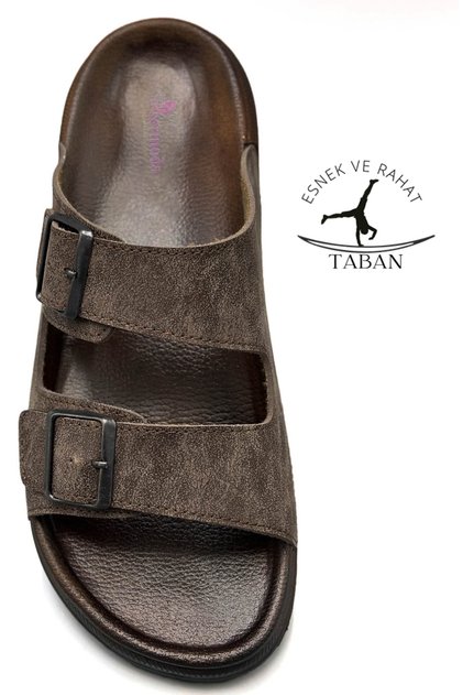 Double Buckle Adjustable Width Flexible Comfortable Leather Men's Slippers 25103 Coffee