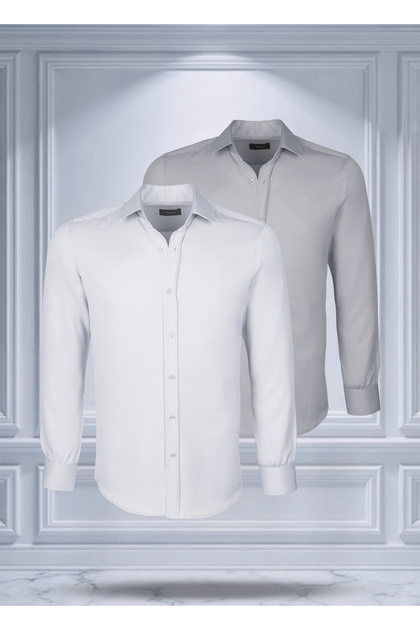2 Pack Easy-Iron Four Seasons Modern Fit Soft Texture White and Gray Plain Shirts