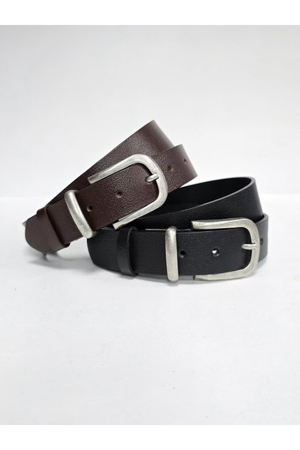 100% Genuine Leather Tin Finish Buckle 3.2 cm Black-Bitter Brown 2-Piece Belt Set