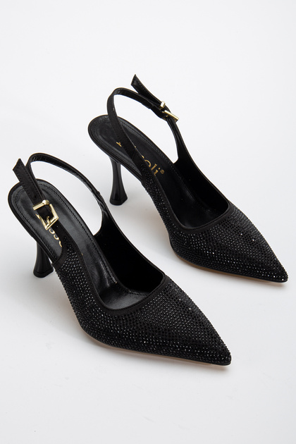 Rissoli Women's Black Stone Detailed Daily Comfortable Open Back Fabric Evening Dress Stiletto Heeled Shoes