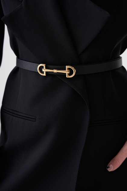 Women's Faux Leather Thin Band Metal Buckle Black Belt 1948
