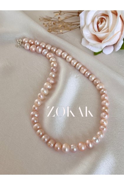 Sertifikali Gerçek Somon Tengi Inci Kolye 925 Ayar Gümüs Dogal Tas Pembe Inci Inci Kolye,