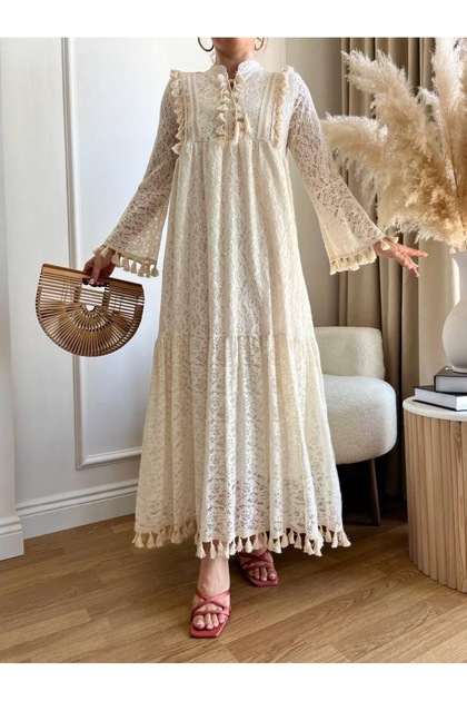 Placket Neckline Lace Pompom Detail Maxi Dress