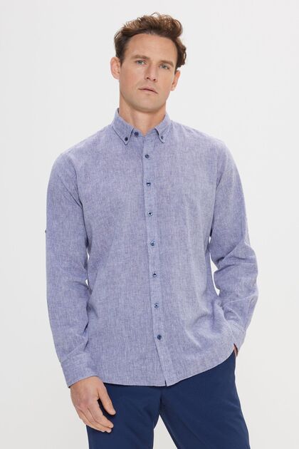 Men's Navy Blue Linen Comfort Fit Relaxed Fit Buttoned Lapel Casual Shirt