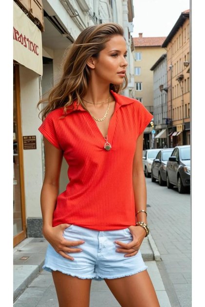 Women's Red Coral Short Sleeve Corded Fabric Ribbed Knit Viscose Cotton Polo Collar Blouse T-Shirt 700-2879242