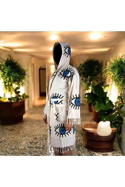 Handmade Buldan Woven 100% Cotton Evil Eye Beaded Peshtemal Bathrobe – the Meeting of Naturalness and Elegance!