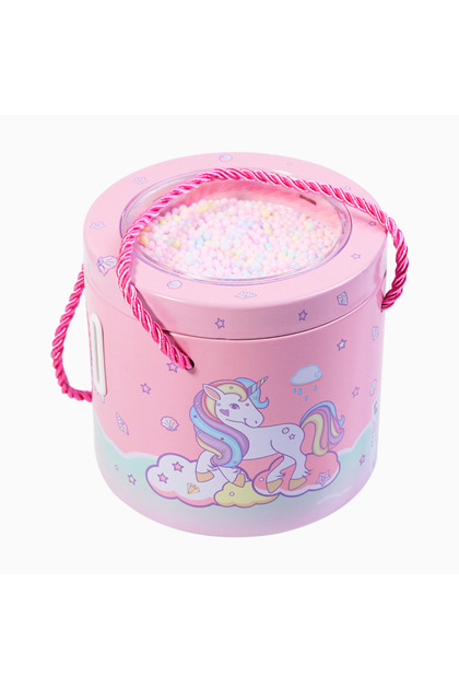 Pușculiță metalică cu unicorn, cu curea și încuietoare, roz, 13x12