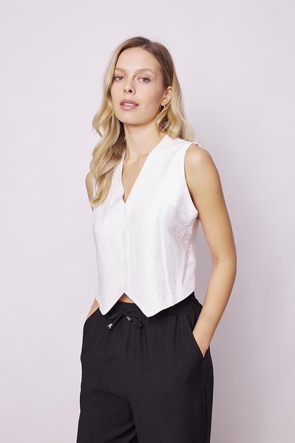 Women's Linen Look Lycra Free Vest - D Buckle, Lightweight Relaxed Fit, White