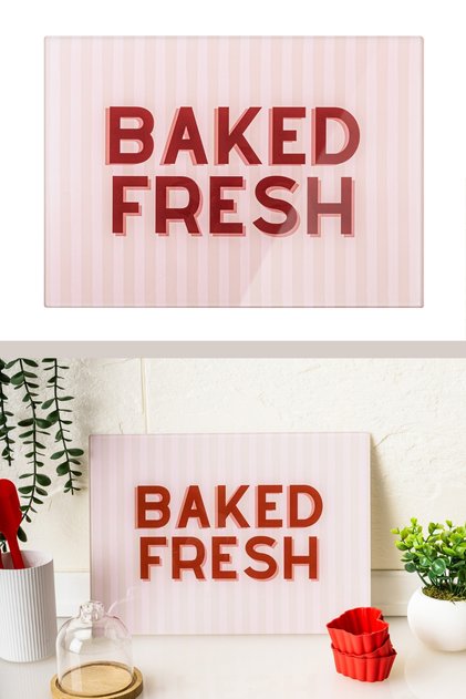 Cam Kesme Tahtası, Temperli Isıya Kırılmaya Dayanıklı Kesim Panosu 25x35 cm BAKED FRESH DESEN