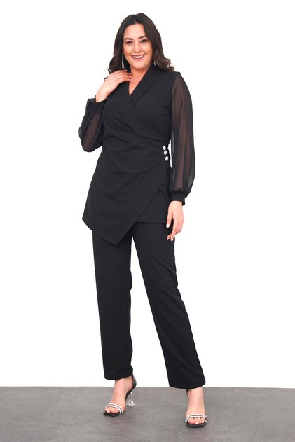 Set de două piese de rochie de seară cu croiala asimetrică, neagră, cu decolteu dublu, pentru femei