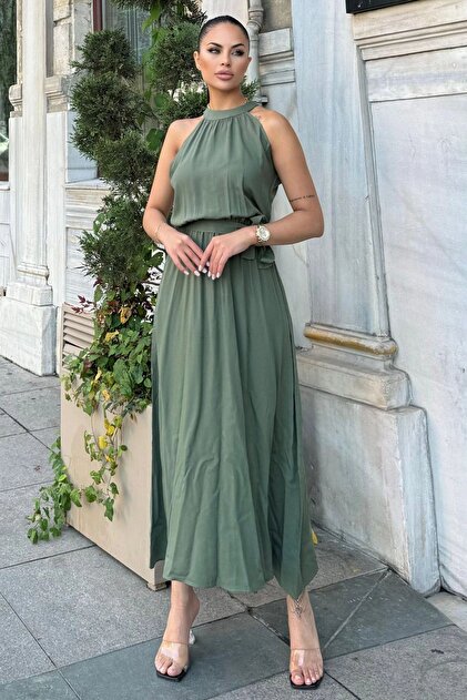 Juuuj Khaki Halter Neckline, Zero Sleeve, Belt Detail, Loose Cut, Maxi  Length Long Comfortable and Casual Dress- Trendyol